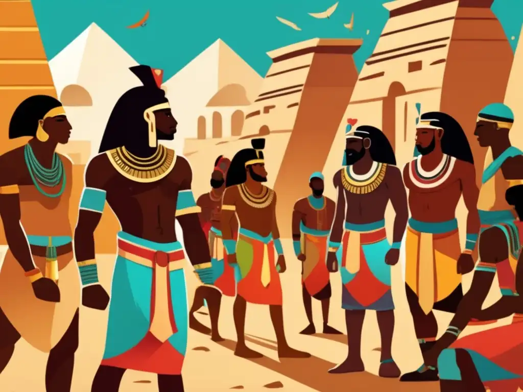 Un ilustración vintage muestra mercenarios nubios en un bullicioso mercado egipcio
