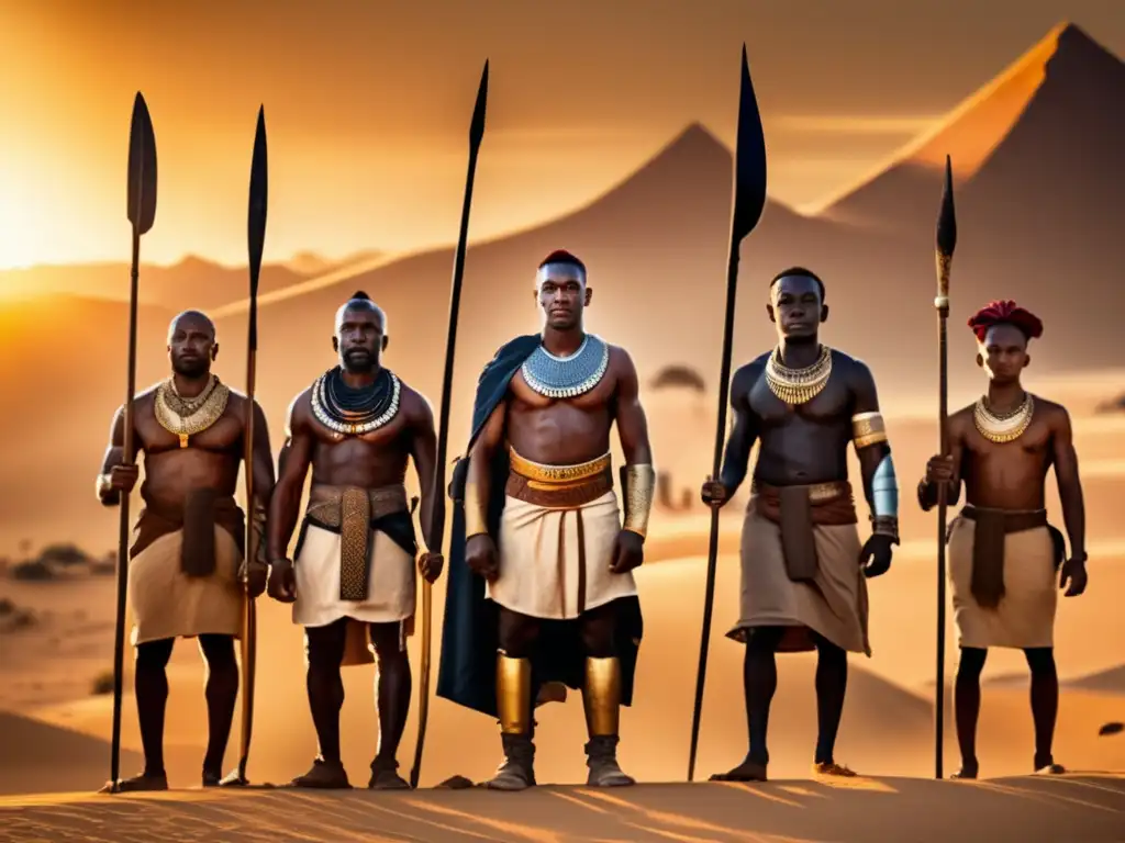 Mercenarios nubios guerras faraónicas: Grupo orgulloso en atuendo tradicional, listos para la batalla bajo el cálido sol del anochecer