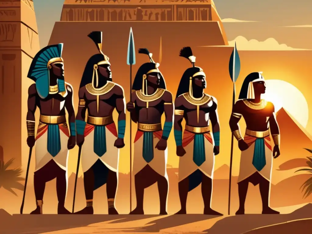 Mercenarios nubios guerras faraónicas: Antiguos guerreros nubios, valientes y orgullosos, en un templo egipcio al atardecer