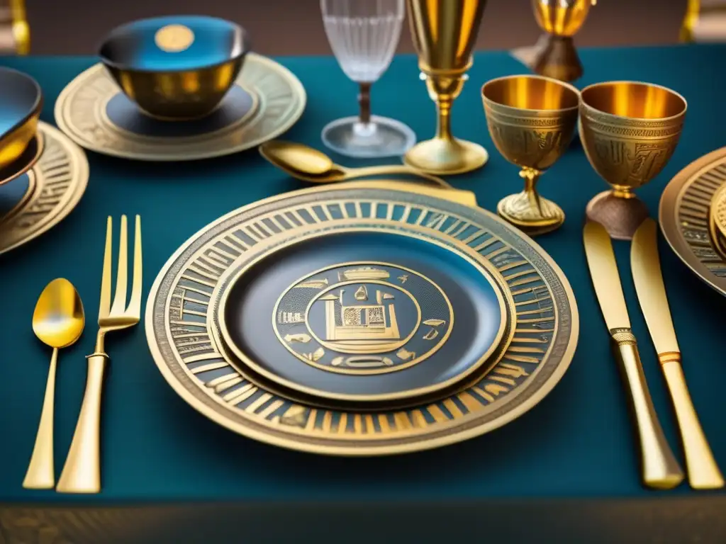 Una mesa de banquete antigua egipcia, decorada con una vajilla egipcia para la mesa exquisita