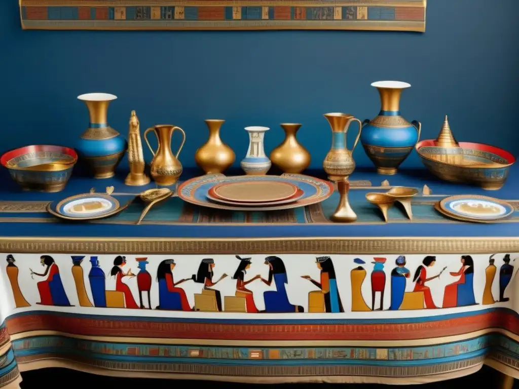Una mesa de banquete en el antiguo Egipto, con vajillas y platos decorados exquisitamente