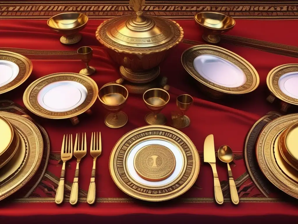 Una mesa de banquete egipcio detallada con utensilios y frutas doradas rodeada de nobles en cálida luz de velas