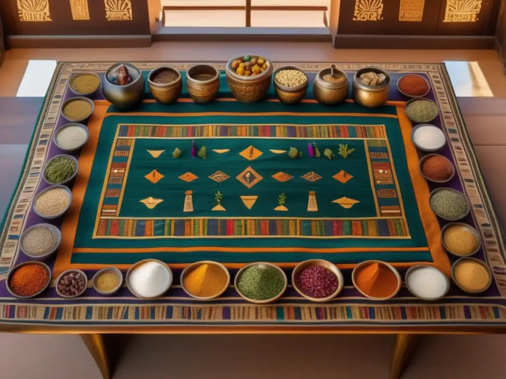 Una mesa ceremonial adornada del antiguo Egipto, con hierbas y especias en frascos y cuencos, creando una atmósfera mística