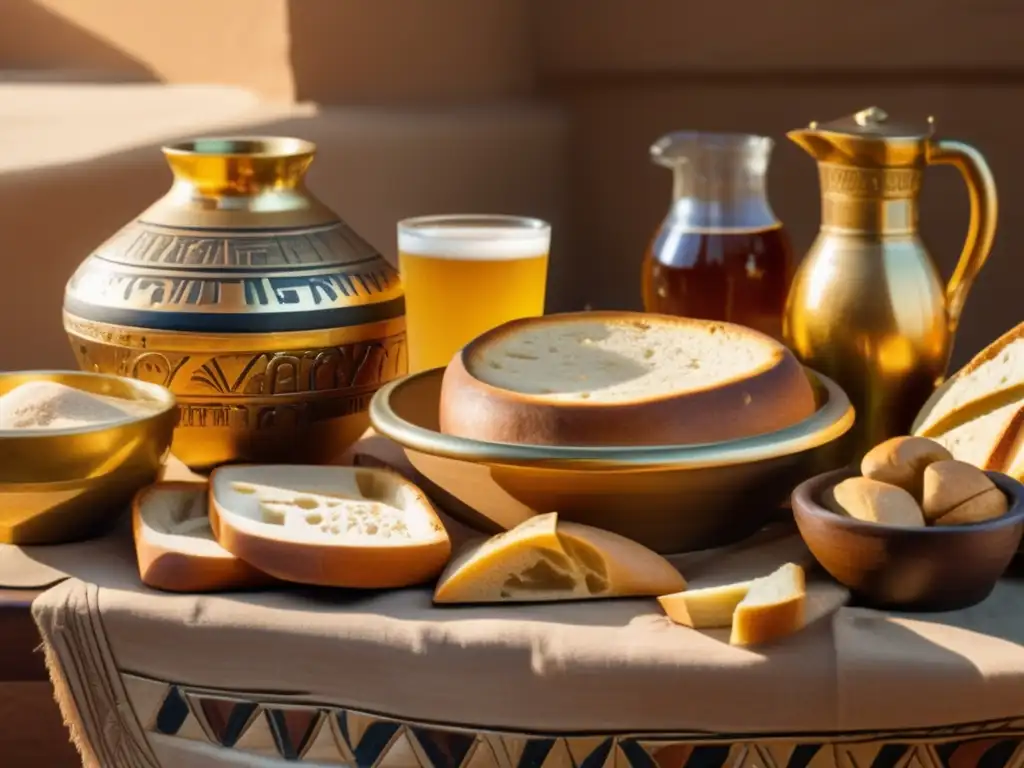 Una mesa egipcia antigua repleta de comida: panes dorados, cerveza ámbar, frutas frescas y carne asada