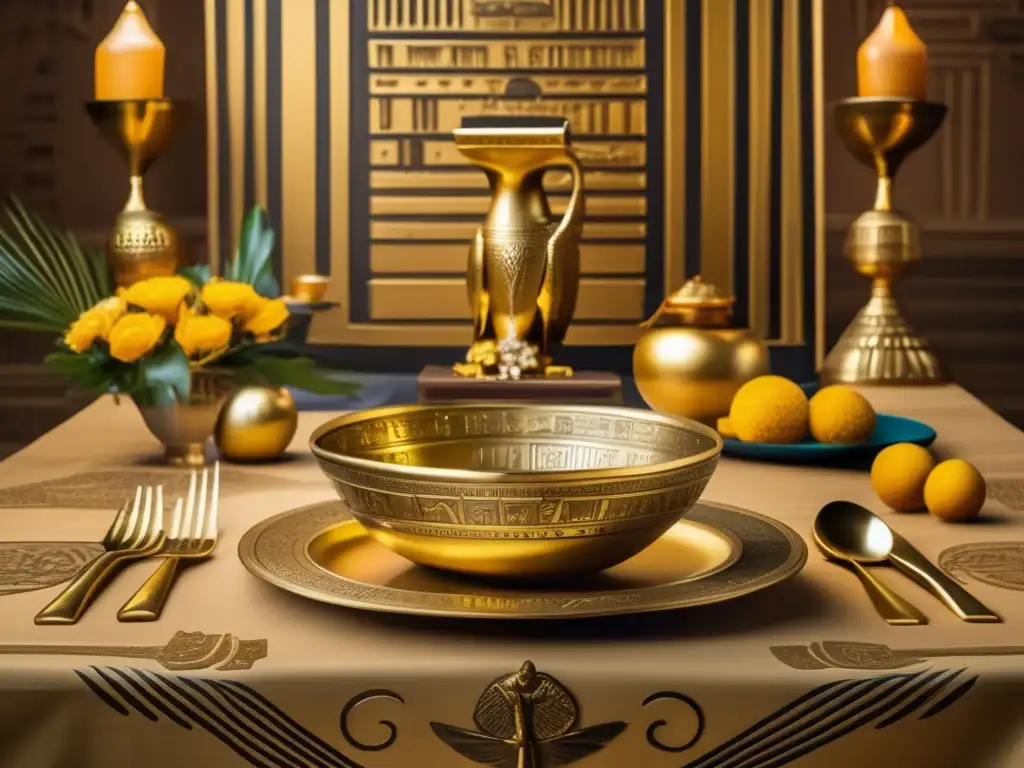 Una mesa egipcia bellamente decorada con vajilla egipcia para la mesa, rodeada de jeroglíficos antiguos