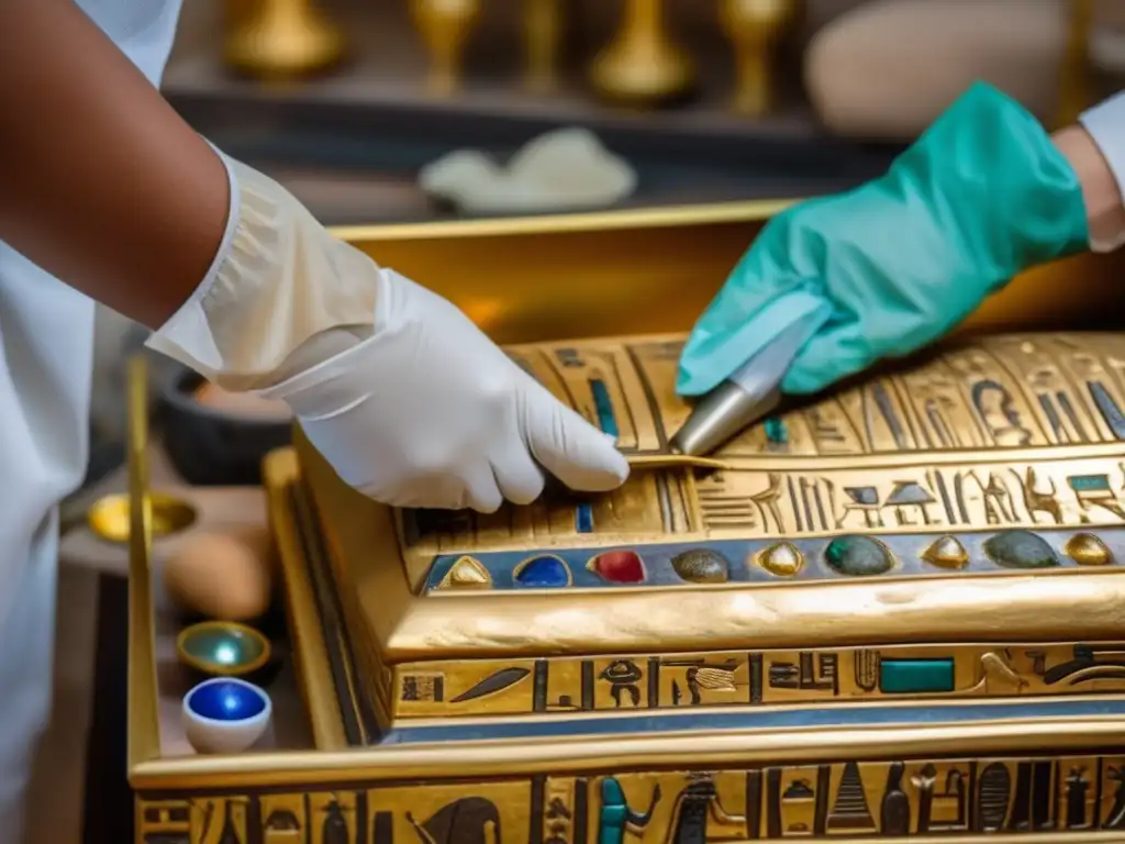 Restauración meticulosa de reliquia egipcia dorada; conservador utiliza herramientas antiguas para limpiar microorganismos