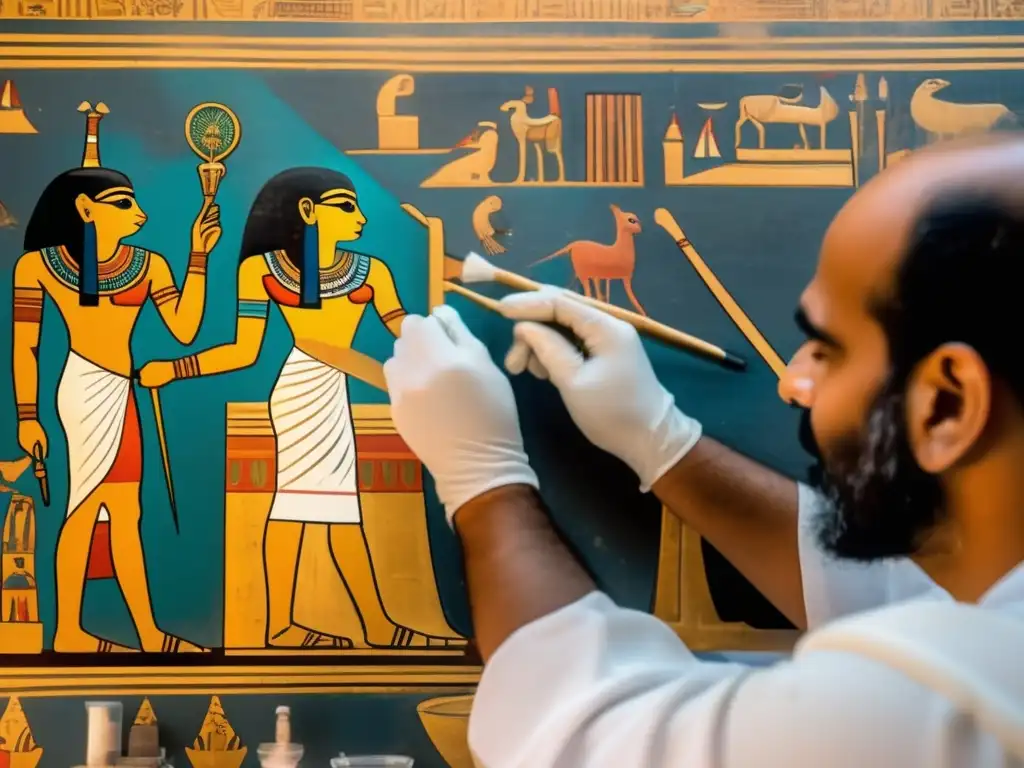 Restauración meticulosa de un mural antiguo egipcio por expertos