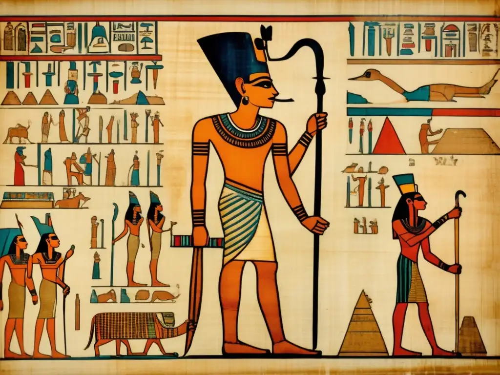 Un meticulosamente preservado papiro egipcio vintage que muestra a Imhotep, el venerado arquitecto, médico y escriba