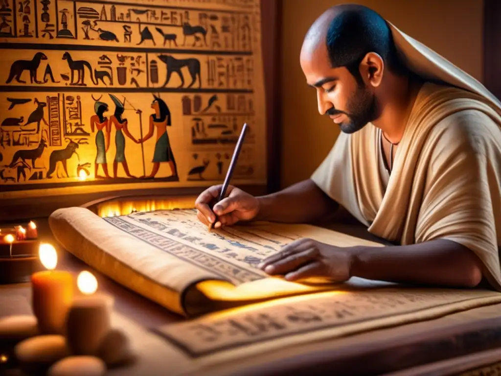 Un minucioso escriba egipcio inscribiendo jeroglíficos en un pergamino de papiro, en una habitación iluminada por lámparas de aceite