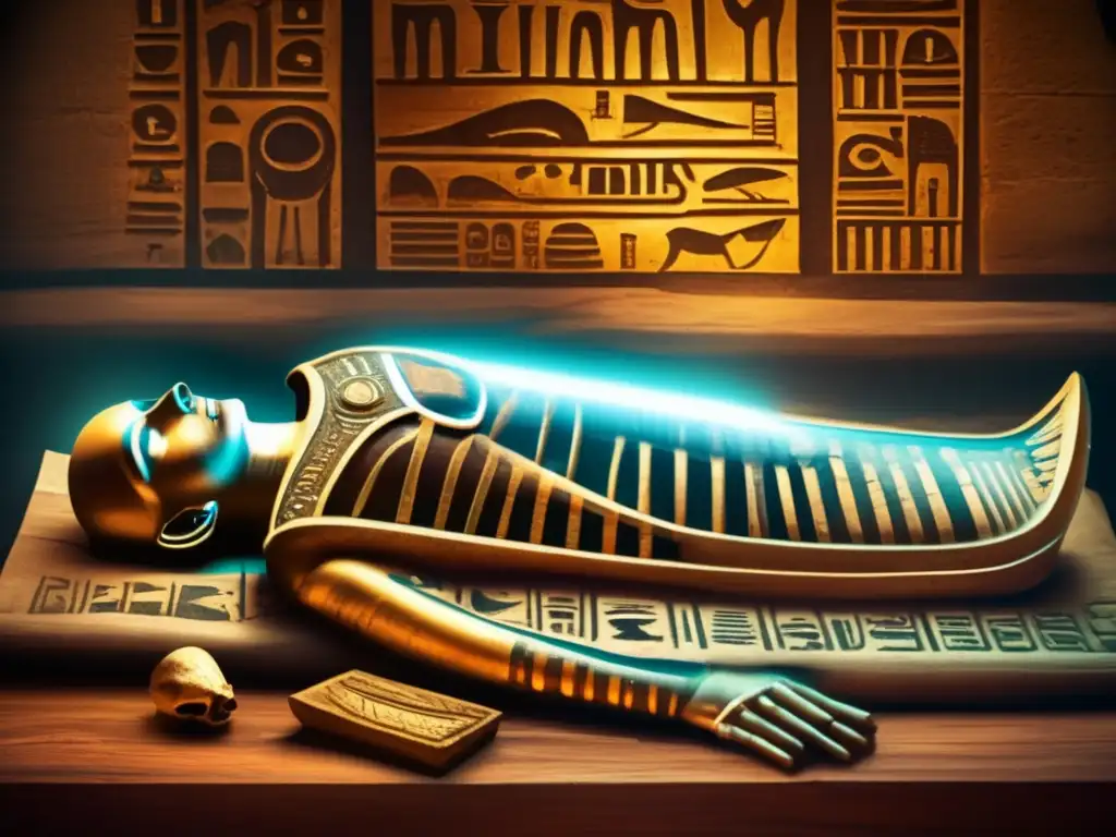Misterio ancestral: momia egipcia en mesa de madera, rodeada de inscripciones jeroglíficas y paredes de piedra