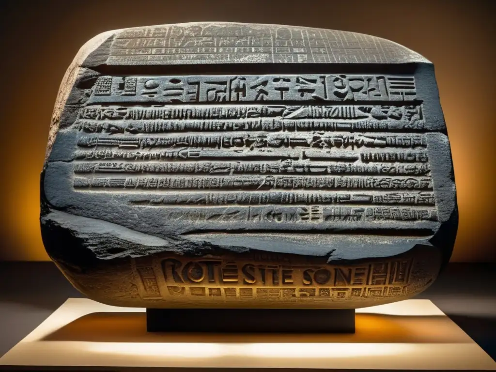 Misterio del antiguo Egipto capturado en la Piedra Rosetta, con inscripciones legibles y detalles intrincados