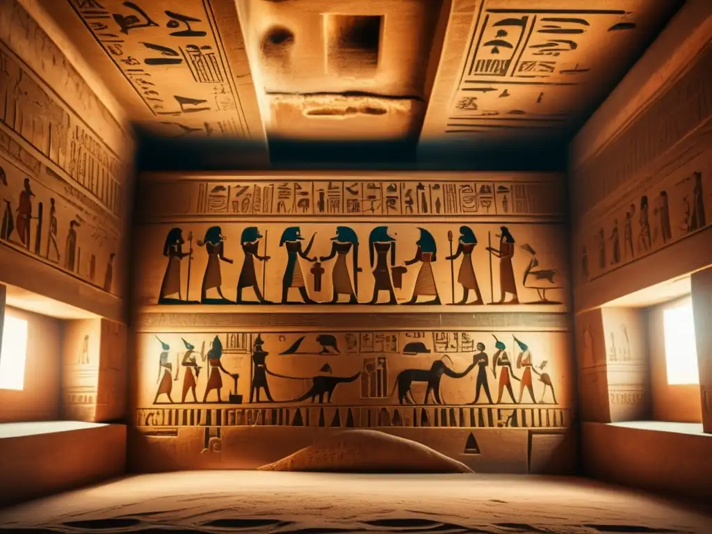 Misterio y belleza de los faraones menores del antiguo Egipto en una tumba adornada con intrincadas jeroglíficos y grabados