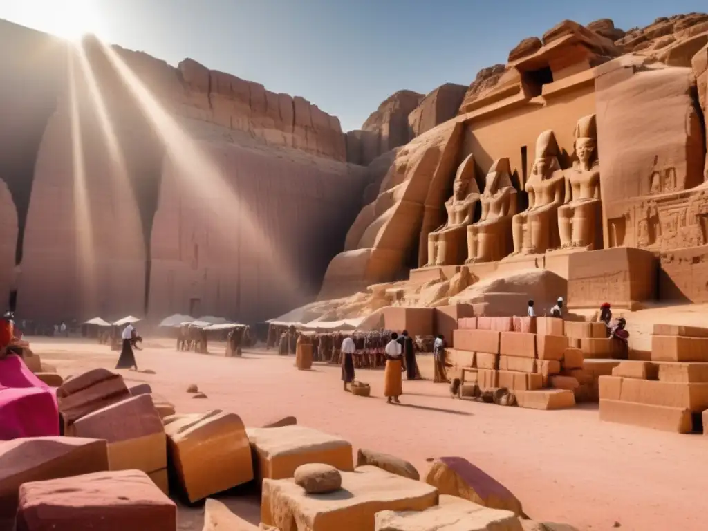 Misterio y belleza del granito rosado: obreros egipcios trabajando bajo el sol, rodeados de acantilados dorados