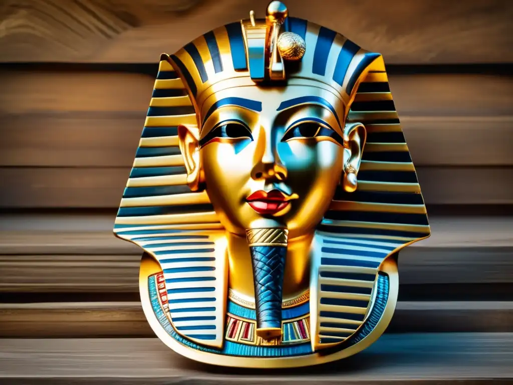 El misterio y la belleza del tesoro de Tutankamón se revelan en la máscara dorada, delicadamente detallada, sobre una mesa de madera envejecida