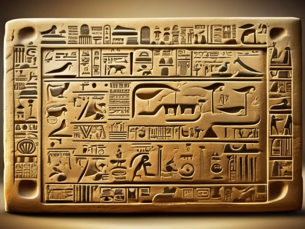 Descubre el misterio del calendario egipcio a través de los jeroglíficos en esta antigua y detallada tableta de piedra