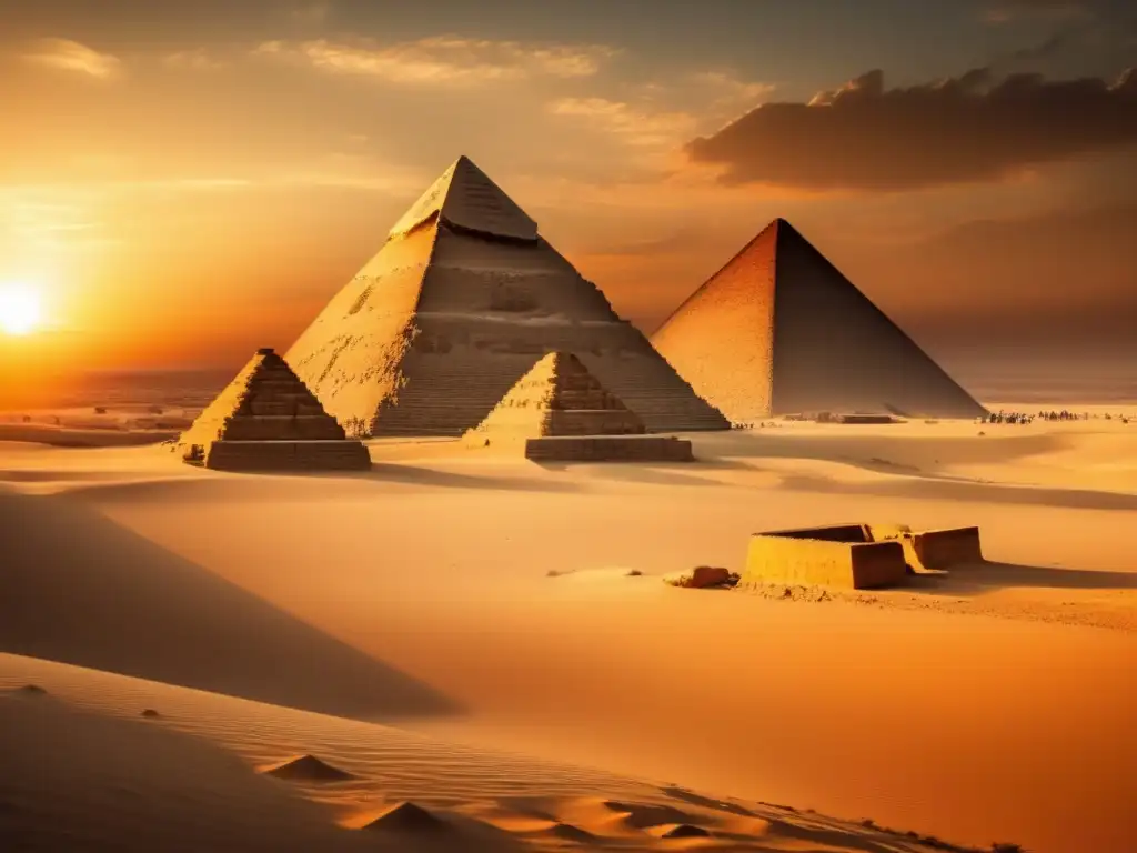 Misterio en el Complejo Funerario de la Pirámide de Micerino: una imagen vintage que evoca la majestuosidad de las estructuras de piedra antigua, iluminadas por un resplandor etéreo al atardecer