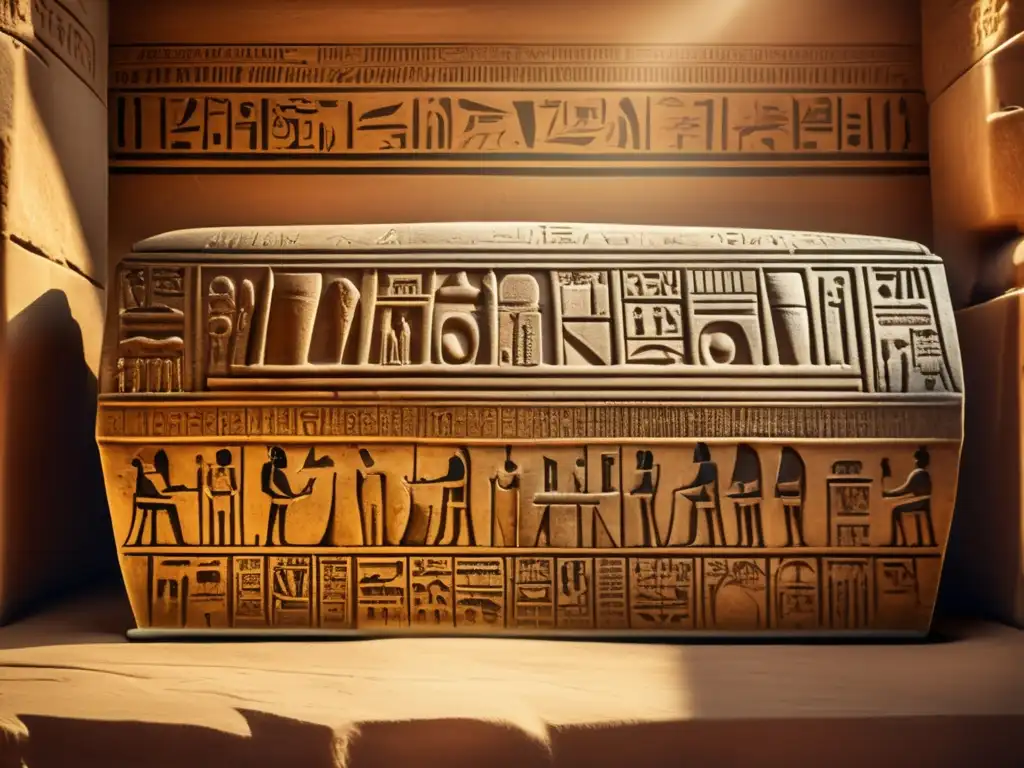 Misterio y encanto envuelven la Reina Merneith en su sarcófago egipcio tallado con jeroglíficos y patrones