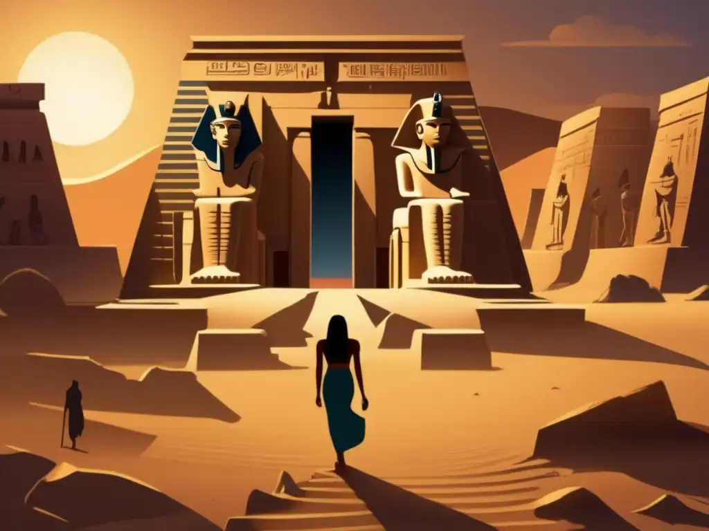 Misterio y encanto en las ruinas del antiguo templo egipcio al atardecer