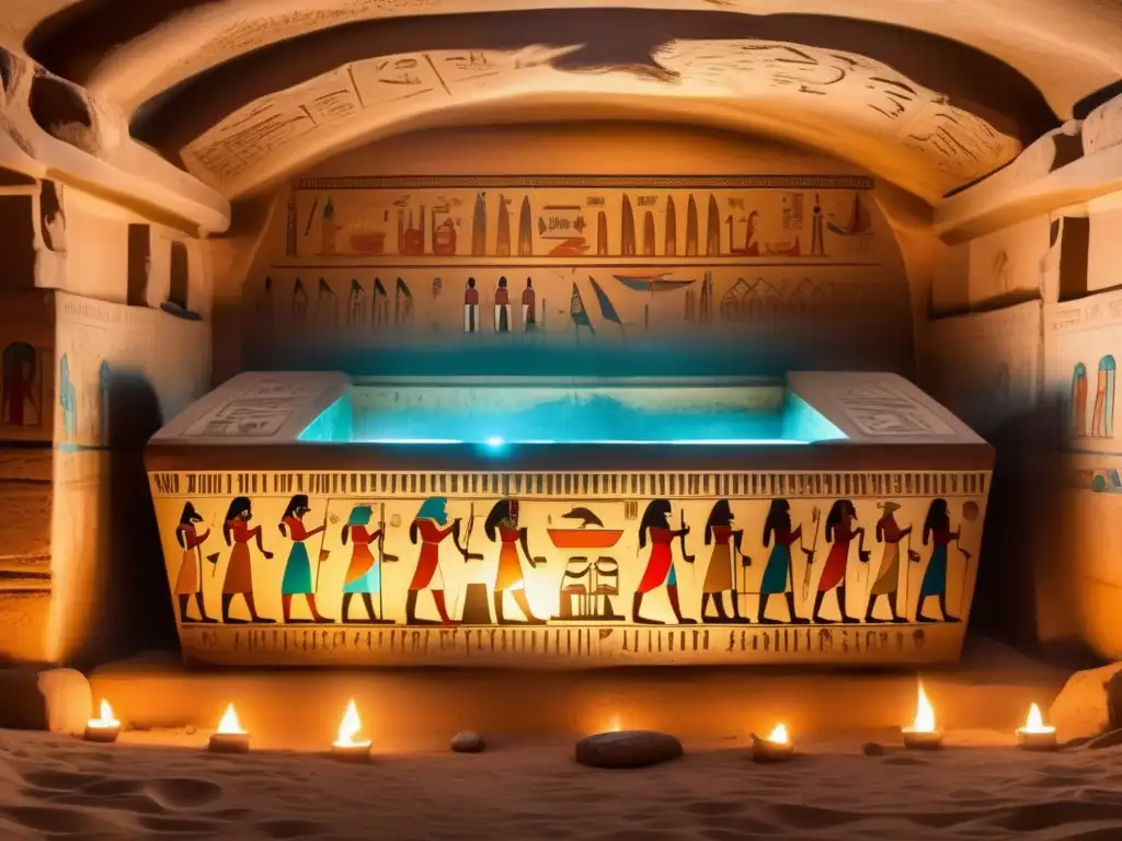Misterio y encanto en una tumba egipcia: antiguas cámaras funerarias, iluminadas por antorchas, con jeroglíficos y murales coloridos