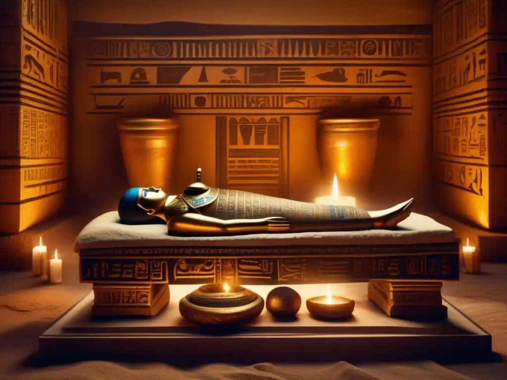 Misterio y esplendor en una cámara del Imperio Nuevo, con jeroglíficos, artefactos egipcios y una misteriosa momia envuelta en vendas de lino