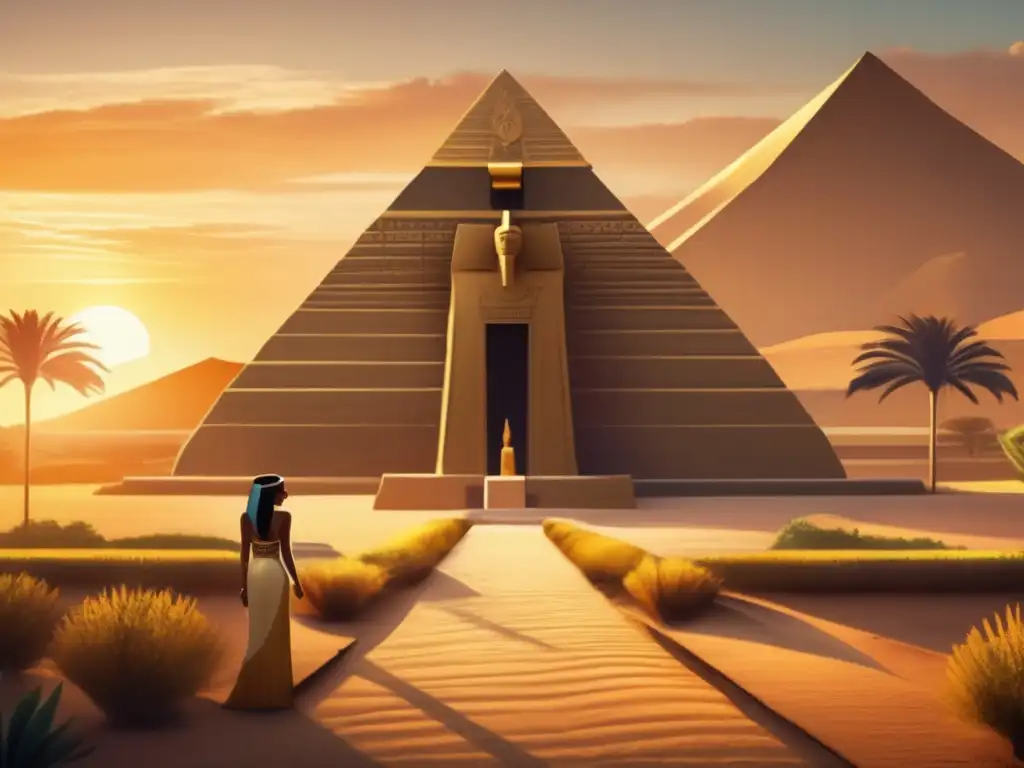 Misterio y esplendor en el templo egipcio al atardecer, donde Renenutet, la serpiente deidad, bendice abundantes cosechas