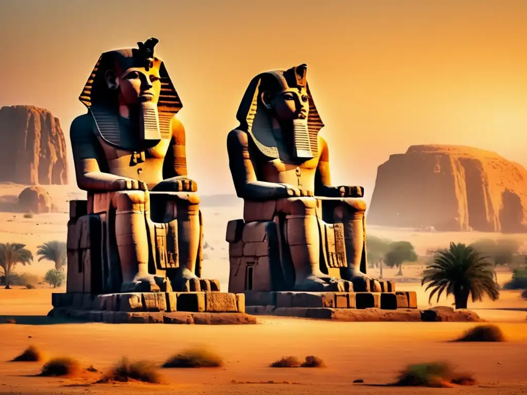 Misterio y grandeza en los Colosos de Memnón en Egipto, bañados por los suaves tonos del amanecer
