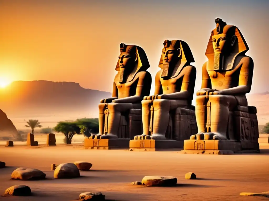 Misterio y grandiosidad se fusionan en la imagen vintage de los colosos de Memnón al amanecer en el desierto egipcio