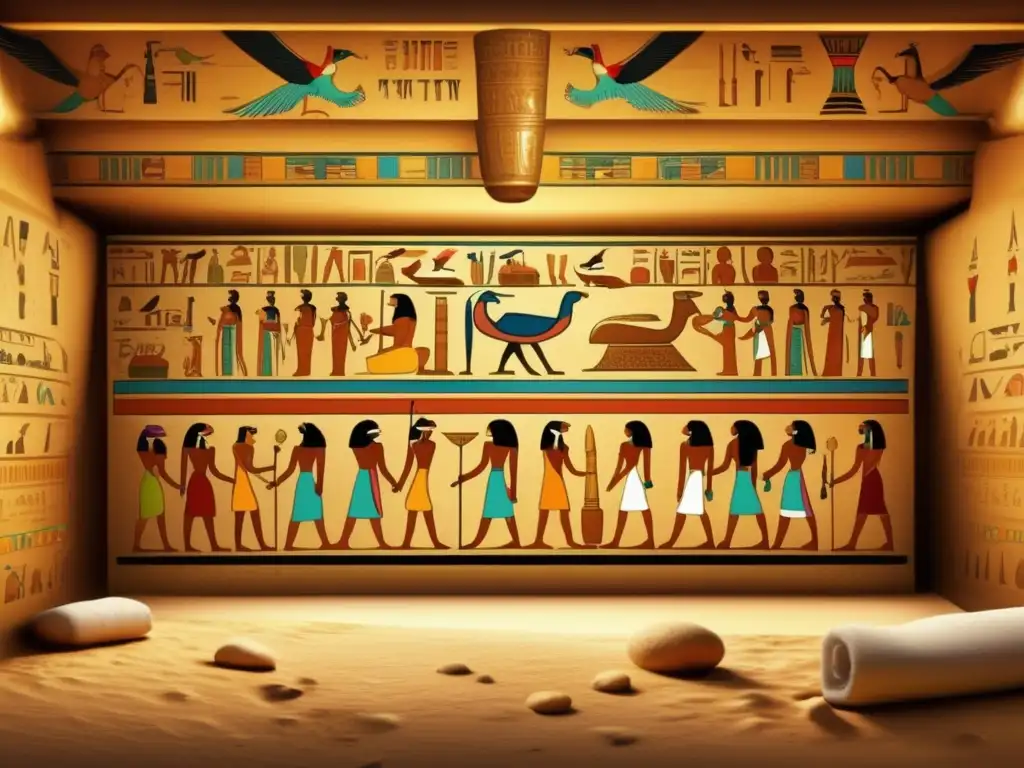 Misterio de la momificación en el Imperio Nuevo: Una antigua tumba egipcia con jeroglíficos y murales coloridos