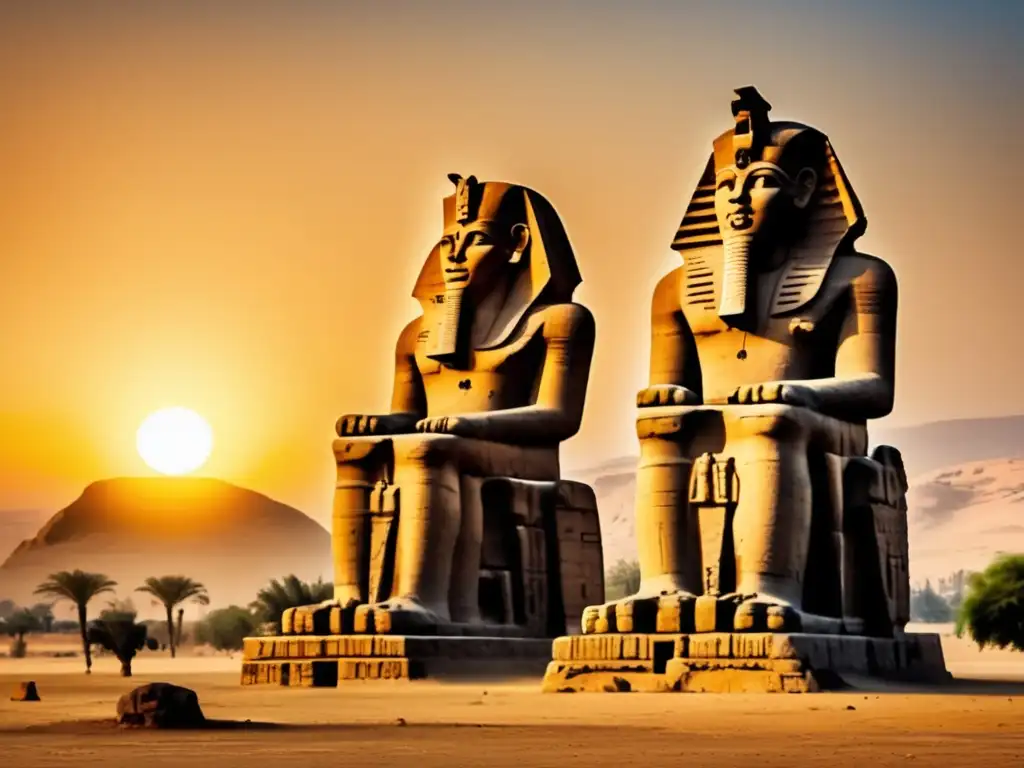 Misterio y majestuosidad en los Colosos de Memnón al amanecer dorado en Egipto