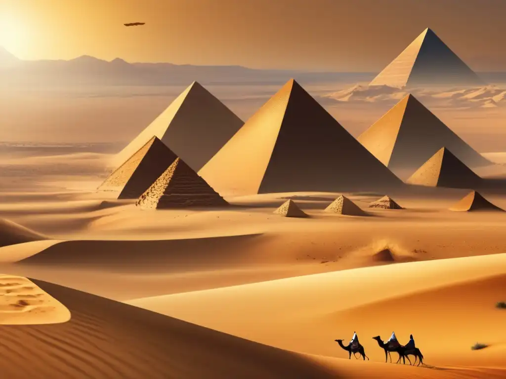 Misterio y majestuosidad de los Faraones Menores del Antiguo Egipto, en una ilustración vintage que muestra un paisaje desértico dorado y enigmático, adornado con pirámides y símbolos jeroglíficos