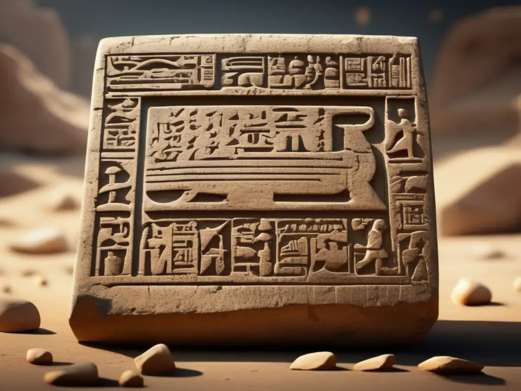 Descubre el misterio del periodo intermedio antiguo Egipto en esta fascinante imagen de una antigua tablilla de piedra con intrincados jeroglíficos