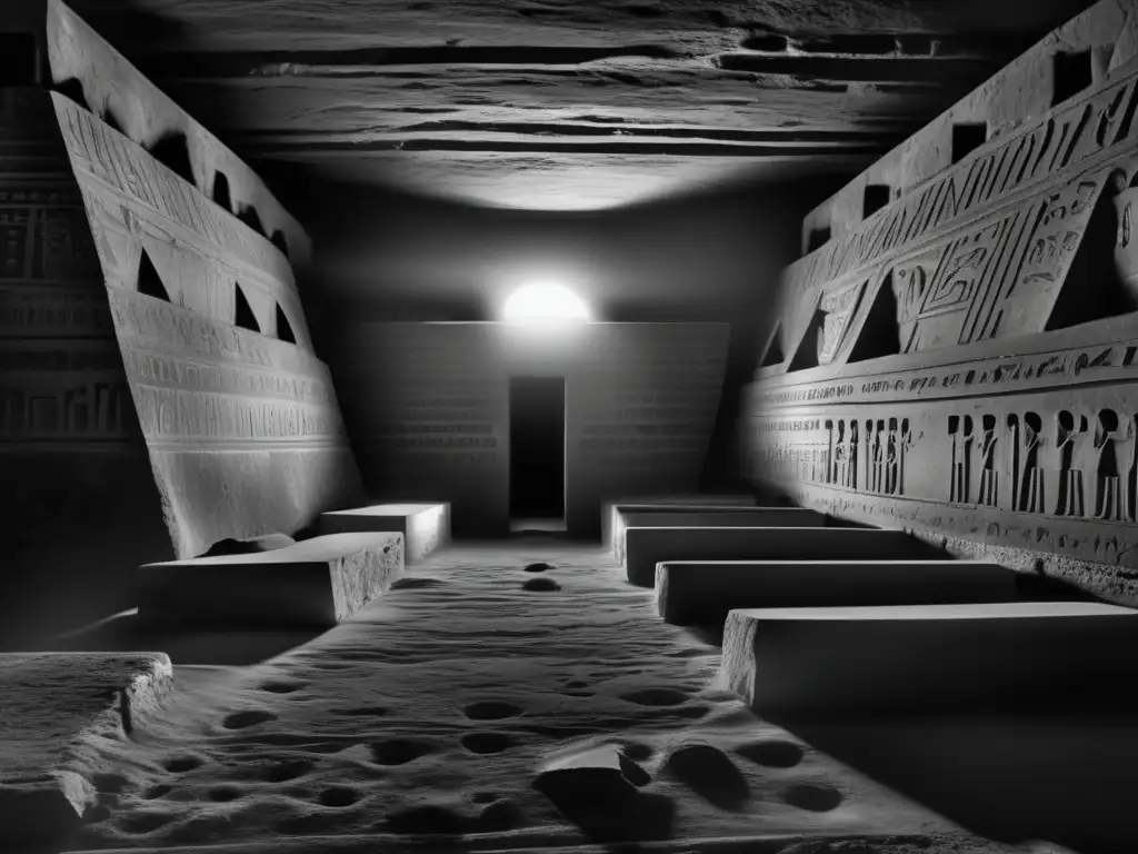 Misterio en la Pirámide de Micerino: cámara funeraria con jeroglíficos, sarcófago y luz misteriosa