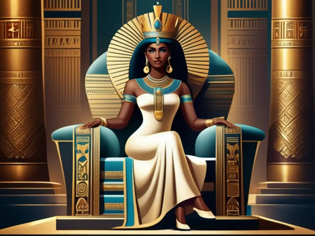 Misterio y poder en la Reina Merneith del Periodo Dinástico, en su cámara real llena de jeroglíficos y decoraciones opulentas