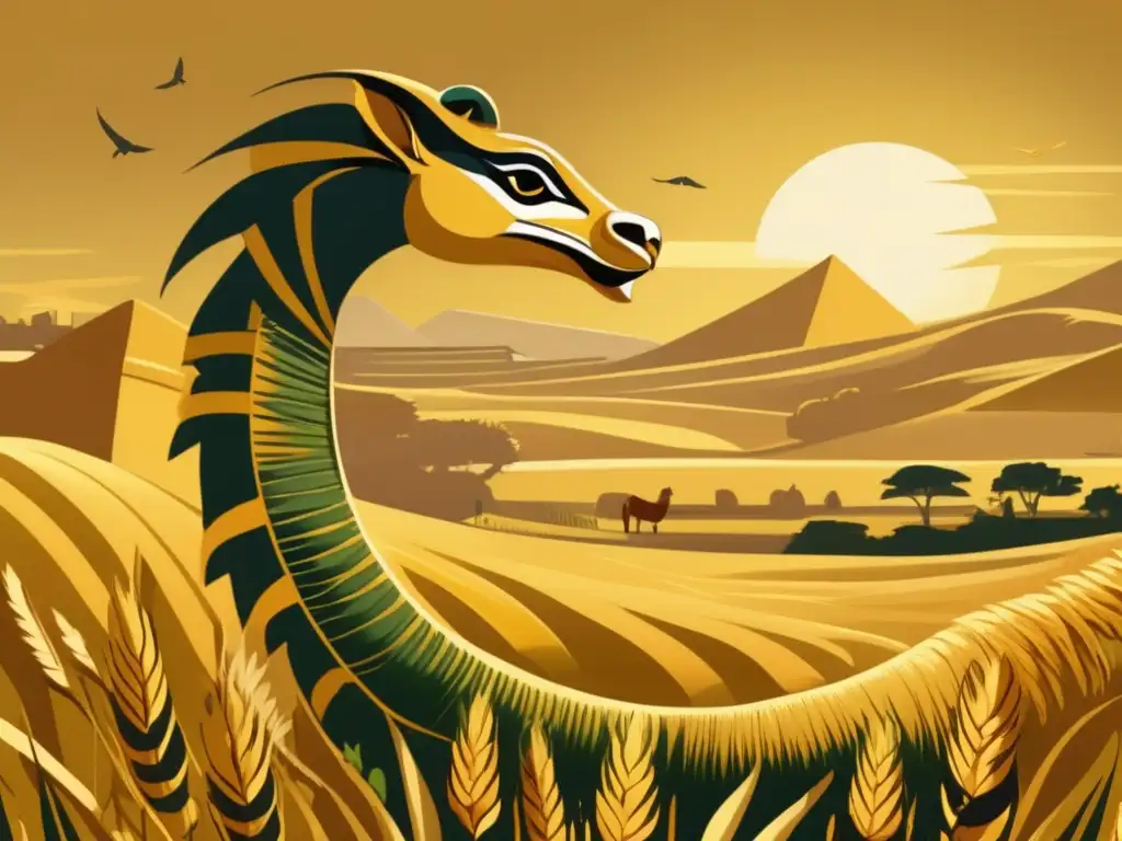 Misterio serpiente Renenutet: Un paisaje agrícola egipcio exuberante en cosecha, donde un serpiente majestuosa rodea un manojo de trigo