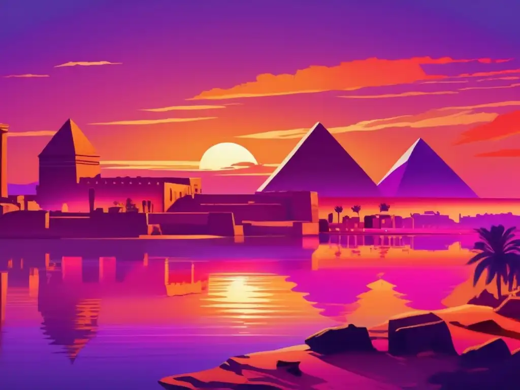 Misterios sin resolver en Avaris: La ciudad antigua de Avaris deslumbra al atardecer con sus pirámides y templos, y el río Nilo refleja el vibrante cielo naranja, rosa y morado