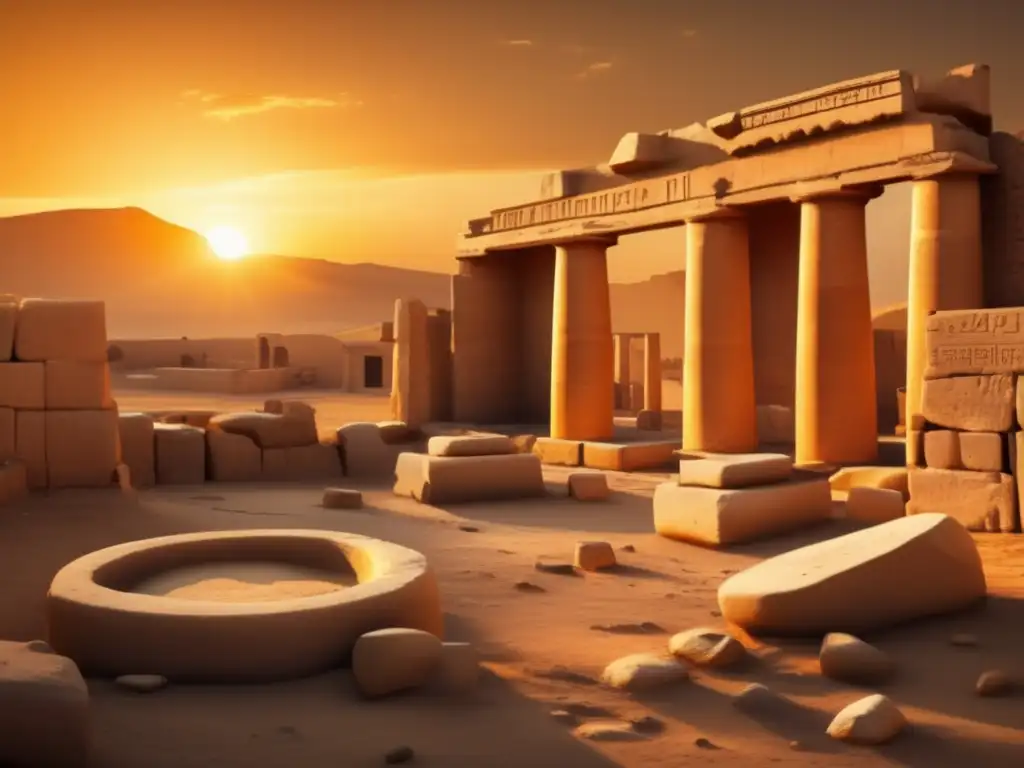 Misterios sin resolver en Avaris: El sol se pone detrás de las ruinas arqueológicas, revelando su enigmática atmósfera y la autenticidad de los artefactos antiguos