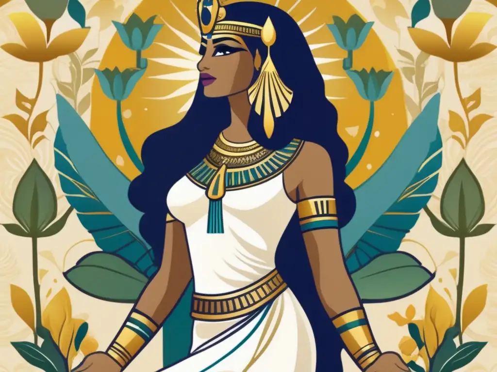 Misterios y Culto de Isis: La diosa egipcia Isis, radiante en un exuberante jardín, con largo cabello y un elegante vestido blanco adornado con intricados patrones dorados