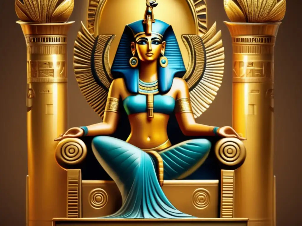 Misterios y Culto de Isis: Una imagen impactante estilo vintage de la antigua diosa Isis, sentada en un trono dorado adornado con jeroglíficos