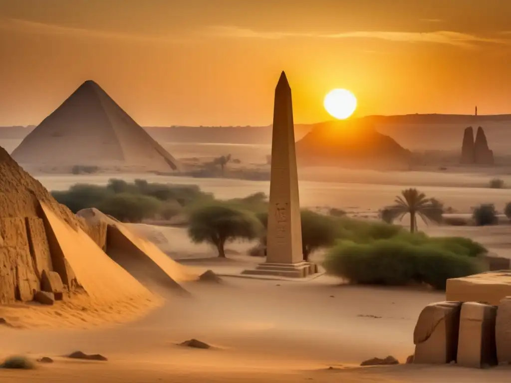 Misterios de la ingeniería egipcia en el obelisco de Asuán, capturando la atmósfera dorada del atardecer y el legado histórico tallado en piedra