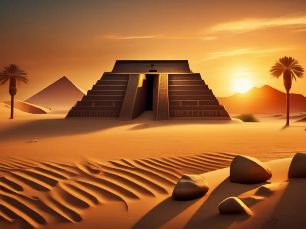 Misterios egipcios demóticos despiertan en ruinas de templo antiguo, bañadas en oro por el sol en el atardecer