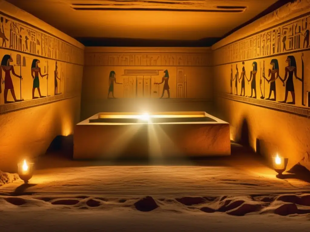 Misterios egipcios desvelados en una cámara subterránea antigua llena de tesoros y artefactos, iluminada por un rayo de luz