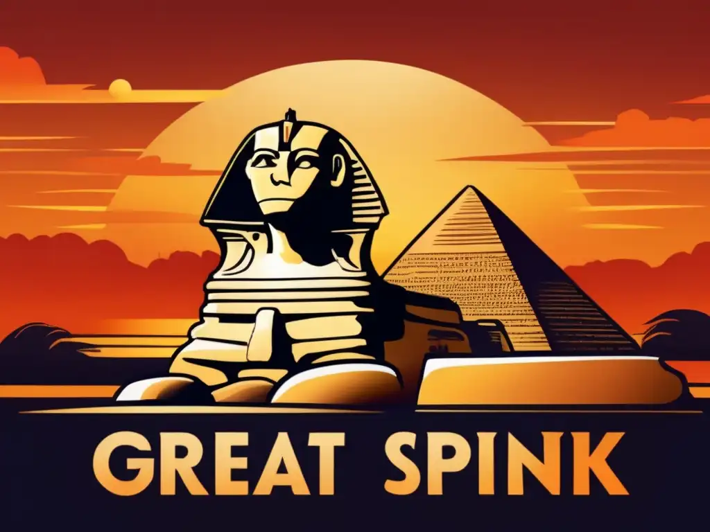 Misterios y leyendas de la Esfinge: Una ilustración vintage de la Gran Esfinge de Giza, enmarcada por un atardecer ardiente