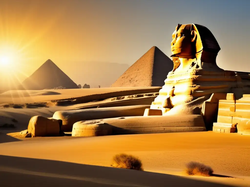 Misterios y leyendas de la Esfinge: Una imagen vintage que muestra la majestuosa Esfinge de Giza, envuelta en un aura de misterio e intriga