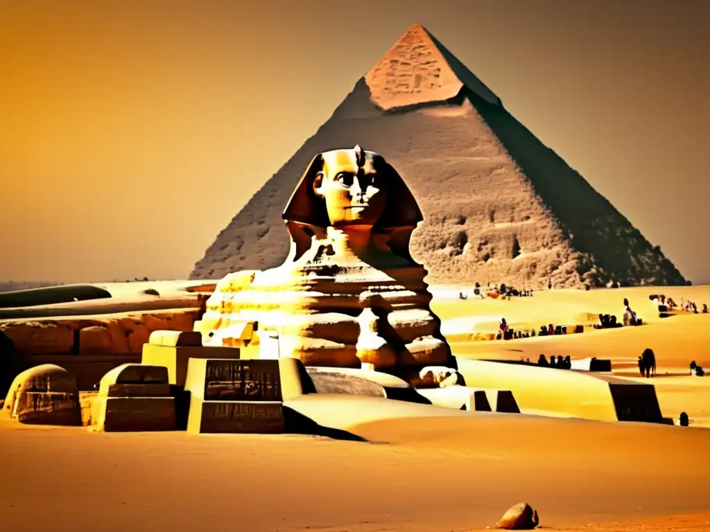 Misterios y leyendas de la Esfinge: Una imagen vintage de la majestuosa Esfinge de Giza frente a las pirámides