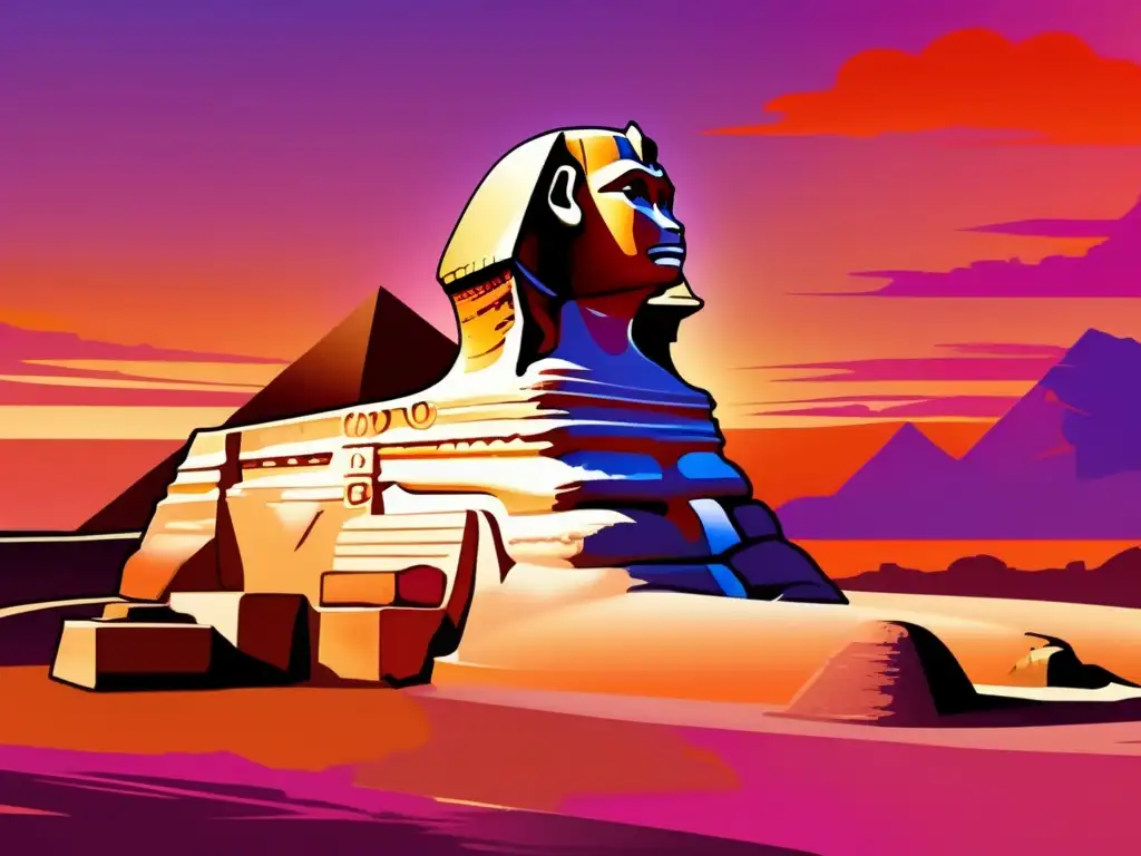 Misterios y leyendas de la Esfinge: La majestuosa Gran Esfinge de Giza se alza contra un impresionante atardecer