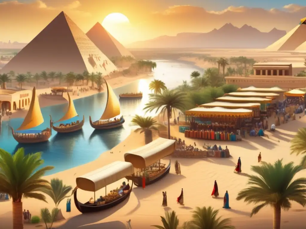 Misterios del Nilo en videojuegos: Una ilustración vintage de Egipto antiguo, con el majestuoso río Nilo, palmeras exuberantes y arquitectura icónica