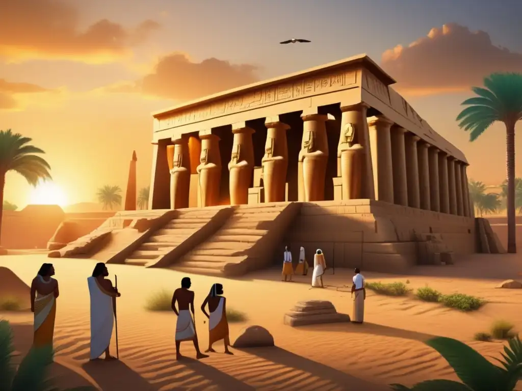 Misterios del Nilo en videojuegos: Un antiguo templo egipcio se alza majestuoso bajo un atardecer dorado