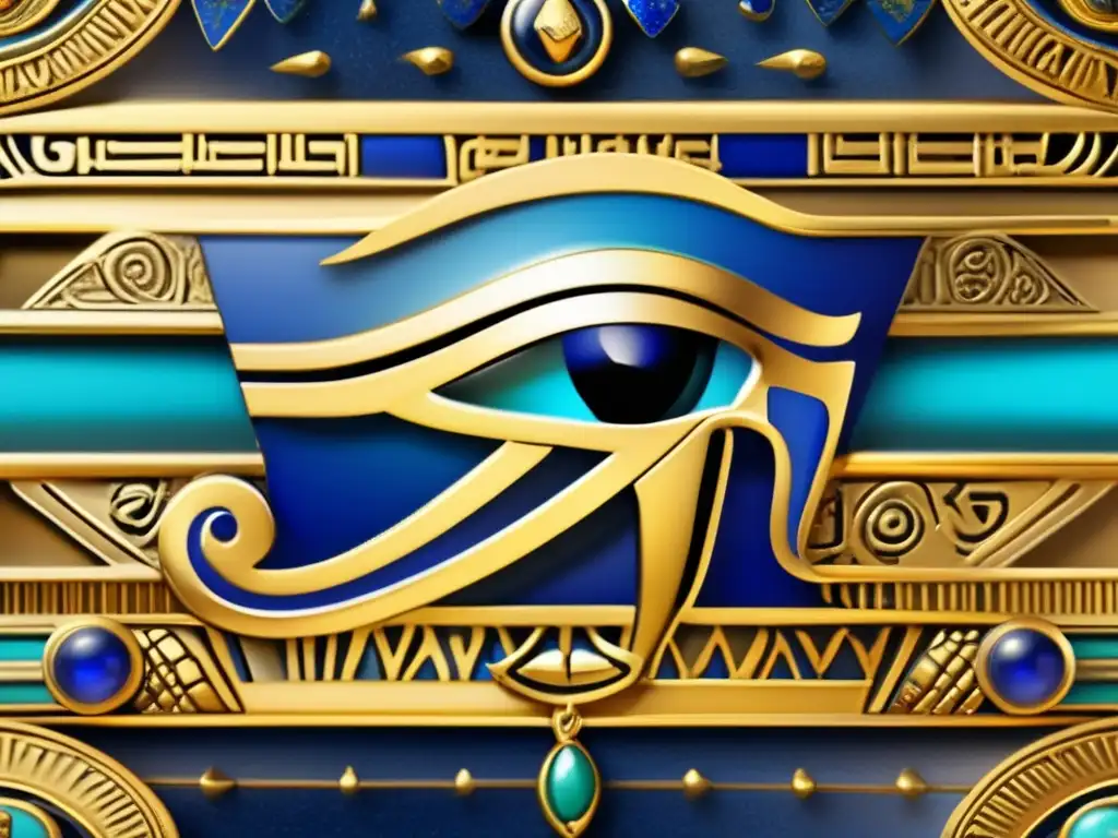 Misterios del Ojo de Horus Antiguo: Amuleto dorado de detallado diseño, rodeado de jeroglíficos egipcios intrincados