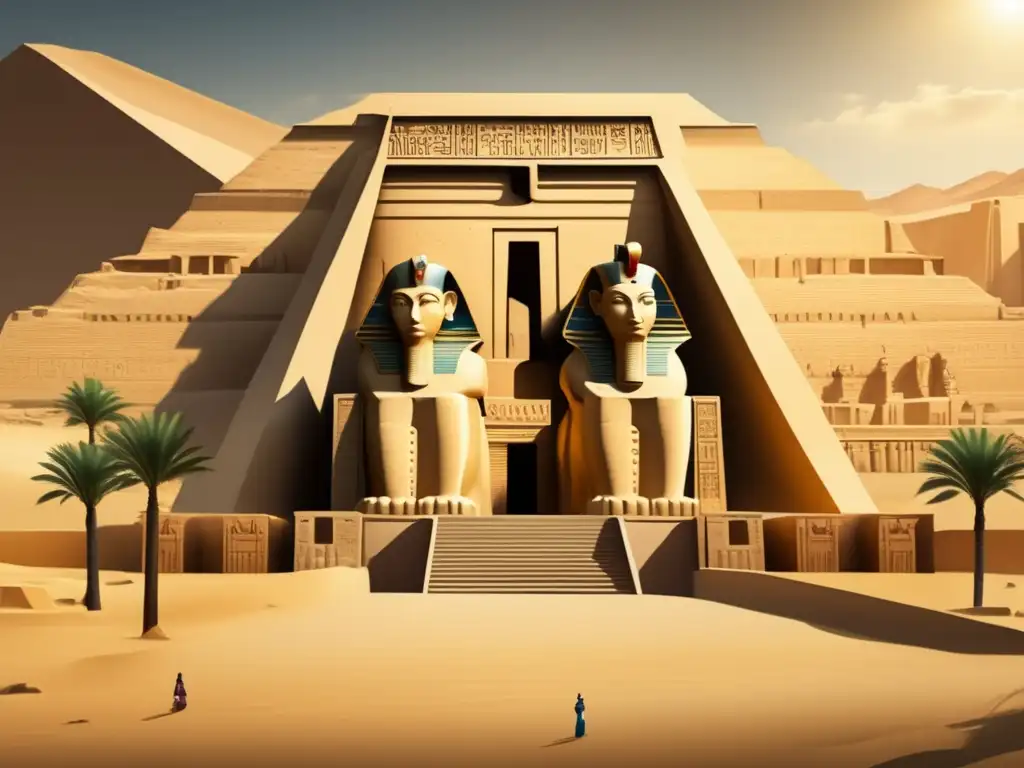 Misterios Medinet Habu Ramsés III: La imponente fachada del templo y la enigmática Esfinge, símbolo de poder y autoridad divina, resguardan la entrada
