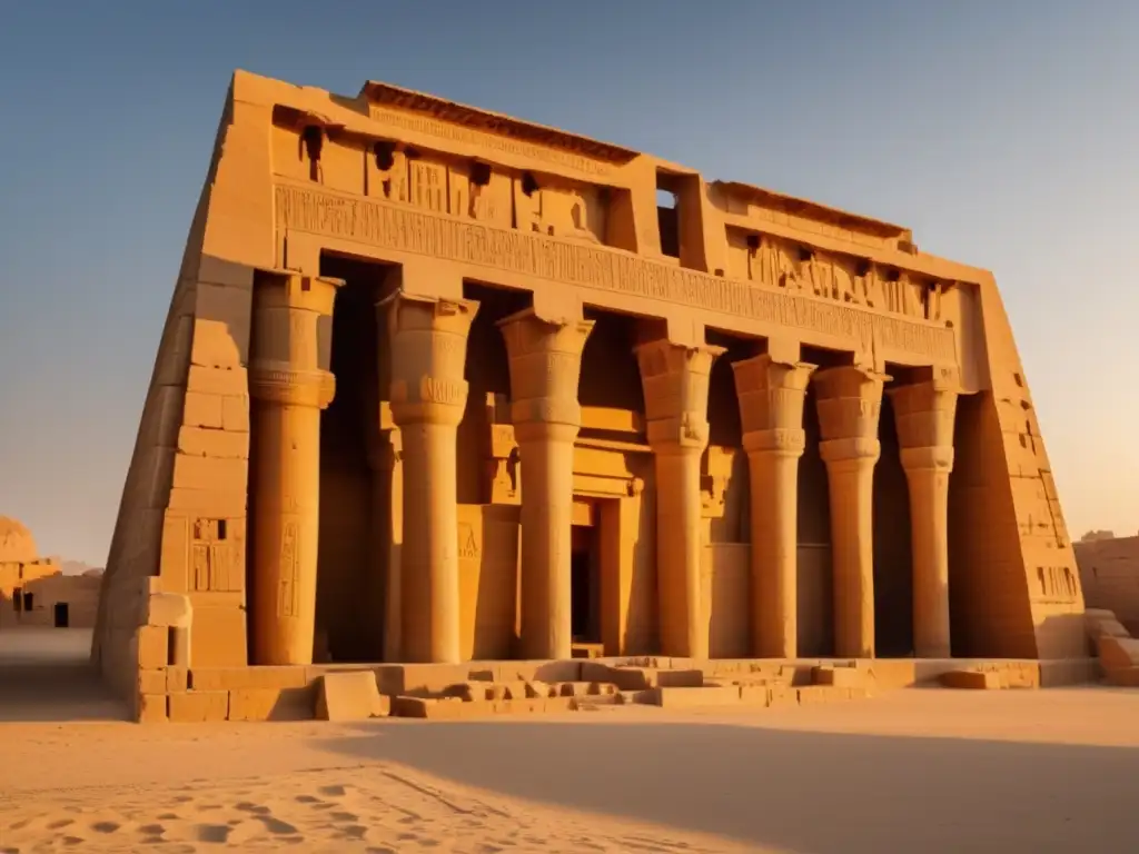 Misterios Medinet Habu Ramsés III: La majestuosa imagen en 8k muestra el exterior del templo al atardecer dorado